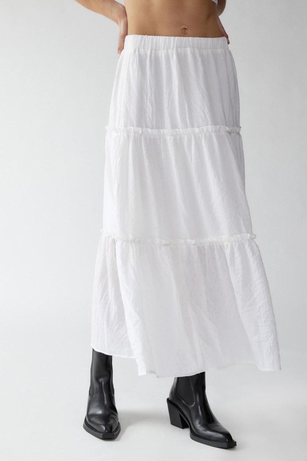 Solid Ruched Tiered Midi Skirt - Fashionpara