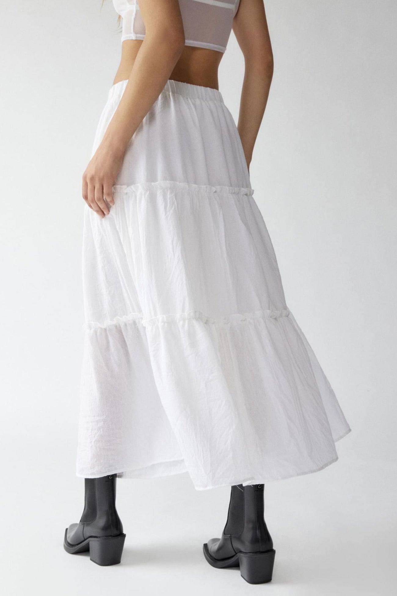 Solid Ruched Tiered Midi Skirt - Fashionpara