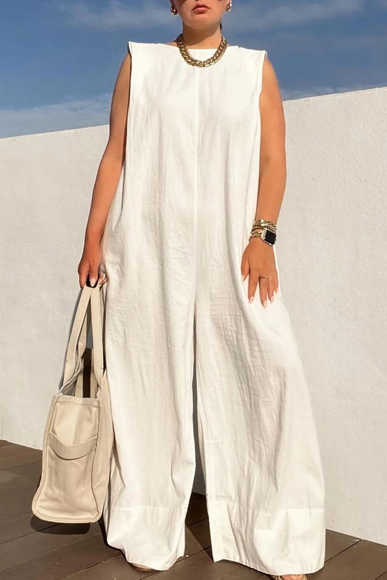 Solid Sleeveless Wide Leg Jumpsuits - Fashionpara