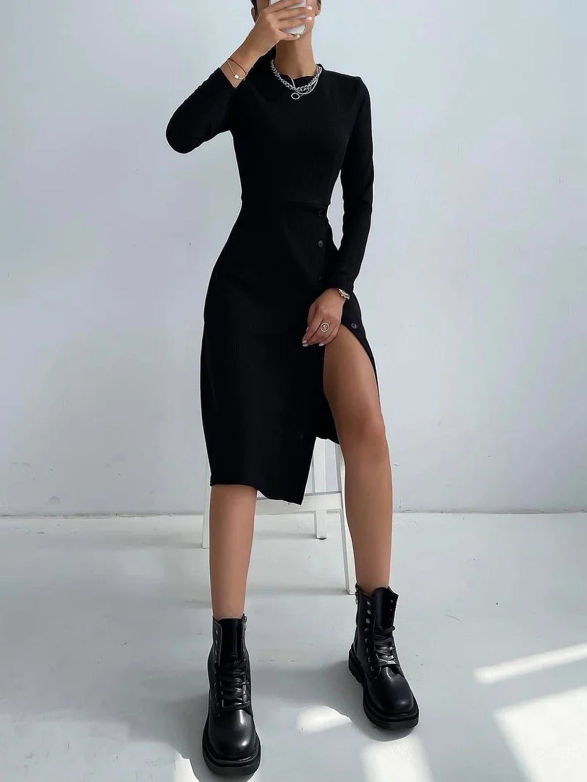 KittenAlarm - Solid Split Thigh Dress