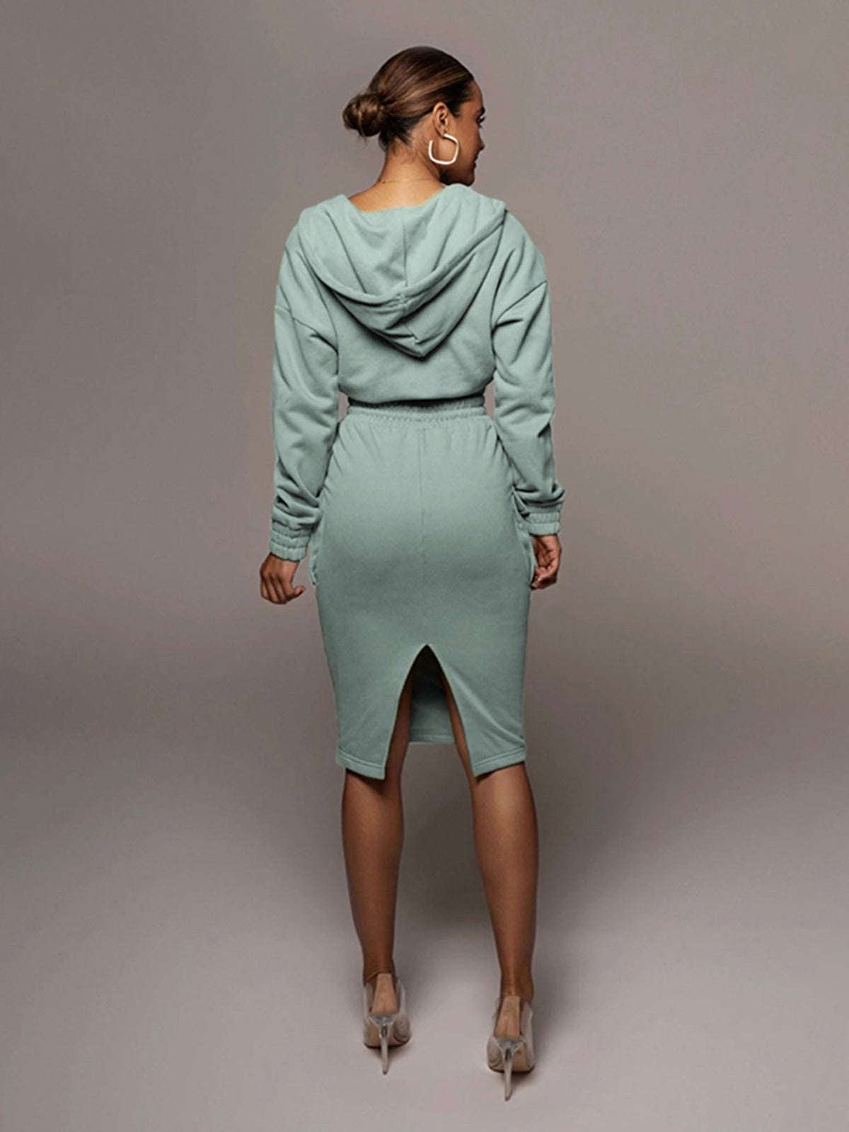 KittenAlarm - Solid V Neck Crop Hoodie&Skirt Set