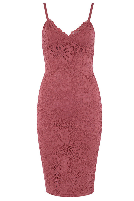 Solid V-neck Spaghetti Strap Lace Prom Dress - Mislish