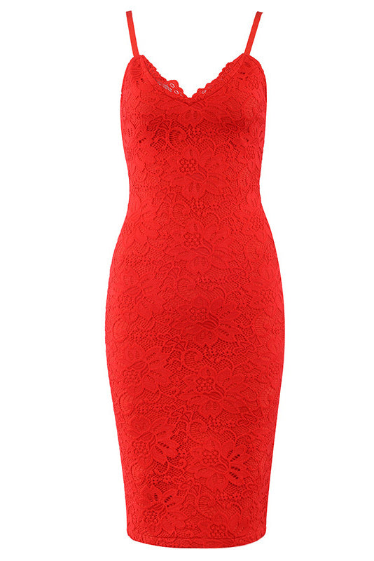 Solid V-neck Spaghetti Strap Lace Prom Dress - Mislish