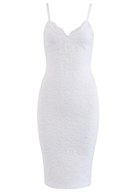 Solid V-neck Spaghetti Strap Lace Prom Dress - Mislish
