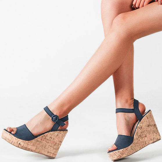 Solid Ankle Strap Wedge Sandals - Mislish