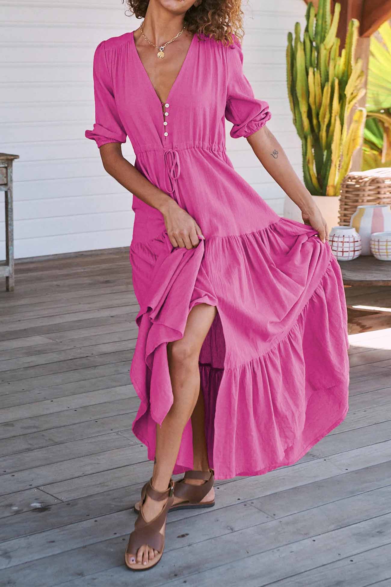 Solid Button Down Tiered Half Sleeve Dress - Fashionpara