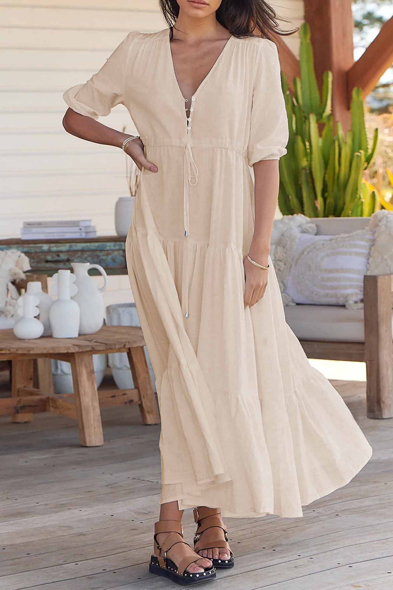 Solid Button Down Tiered Half Sleeve Dress - Fashionpara