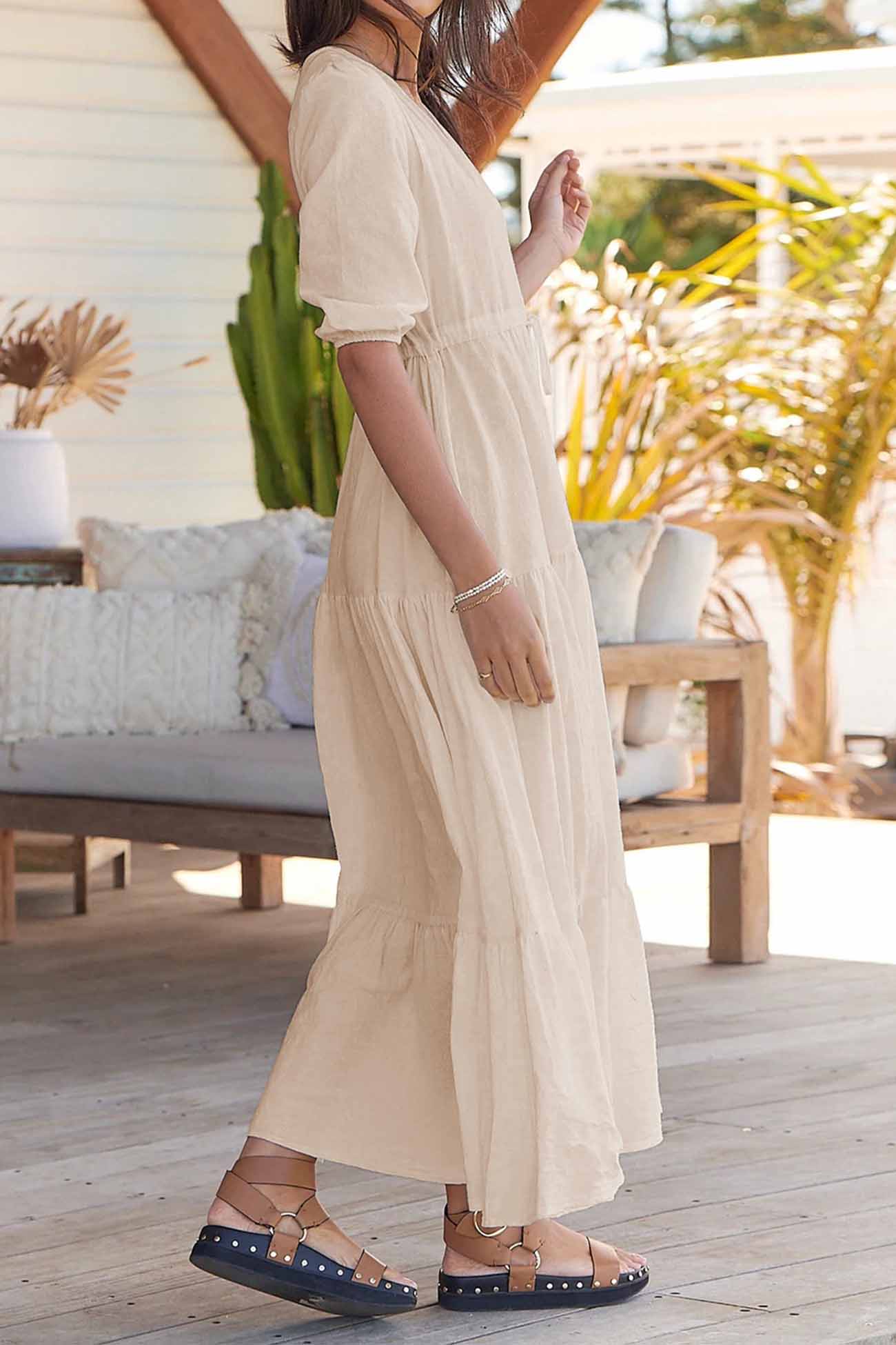 Solid Button Down Tiered Half Sleeve Dress - Fashionpara