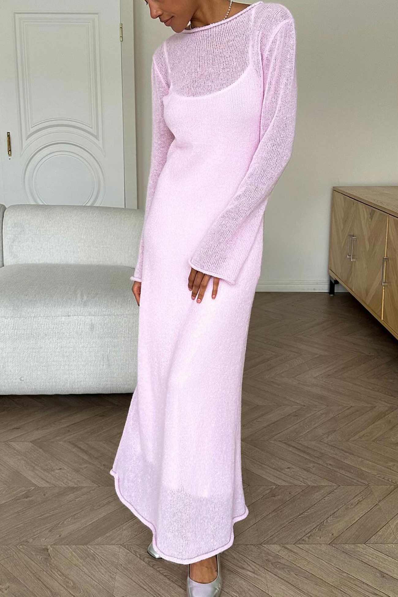 Solid Color Knitted Semi-Sheer Maxi Dress Set