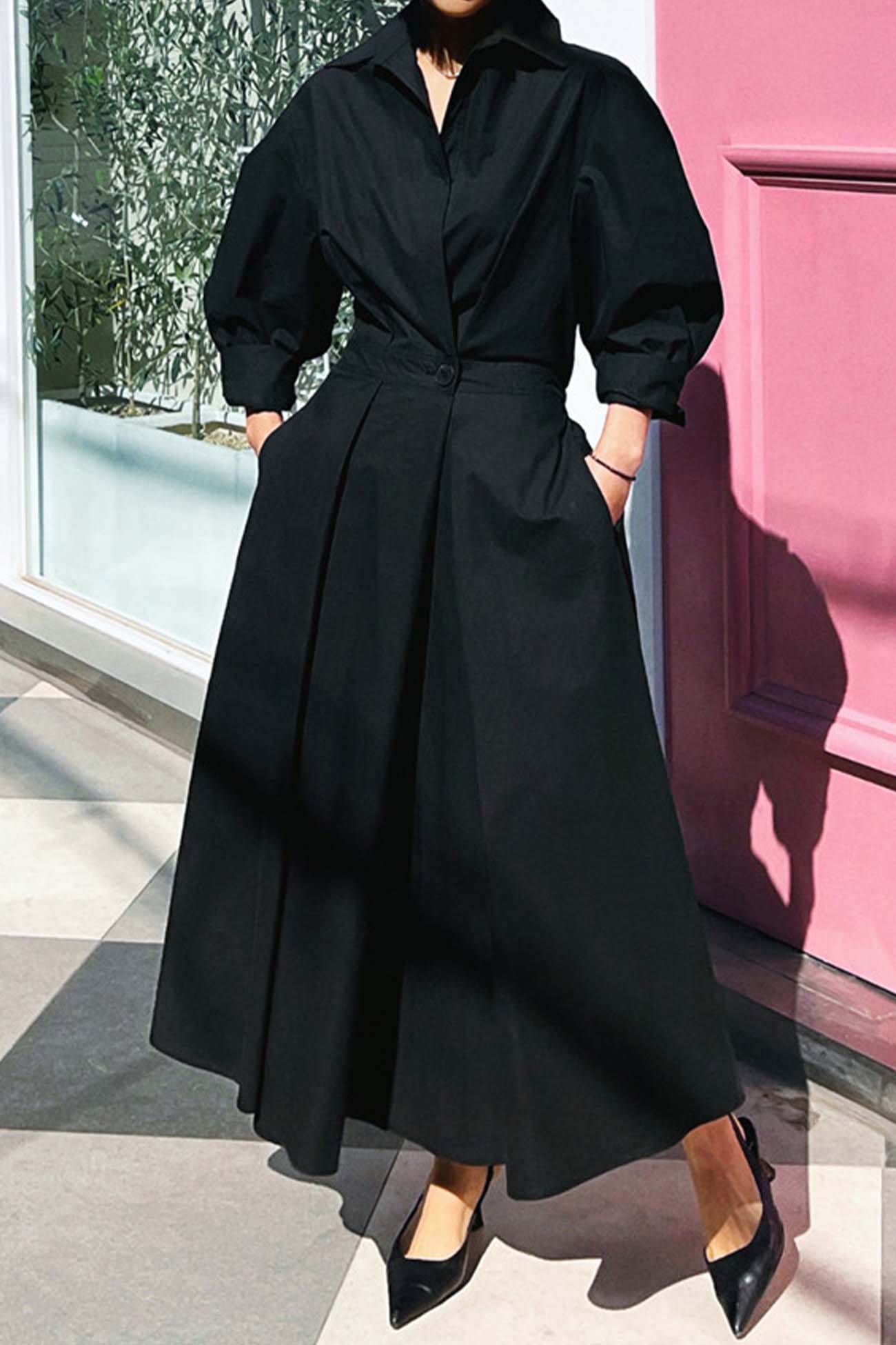 Cotton Long Sleeve A-Line Shirt Midi Dress