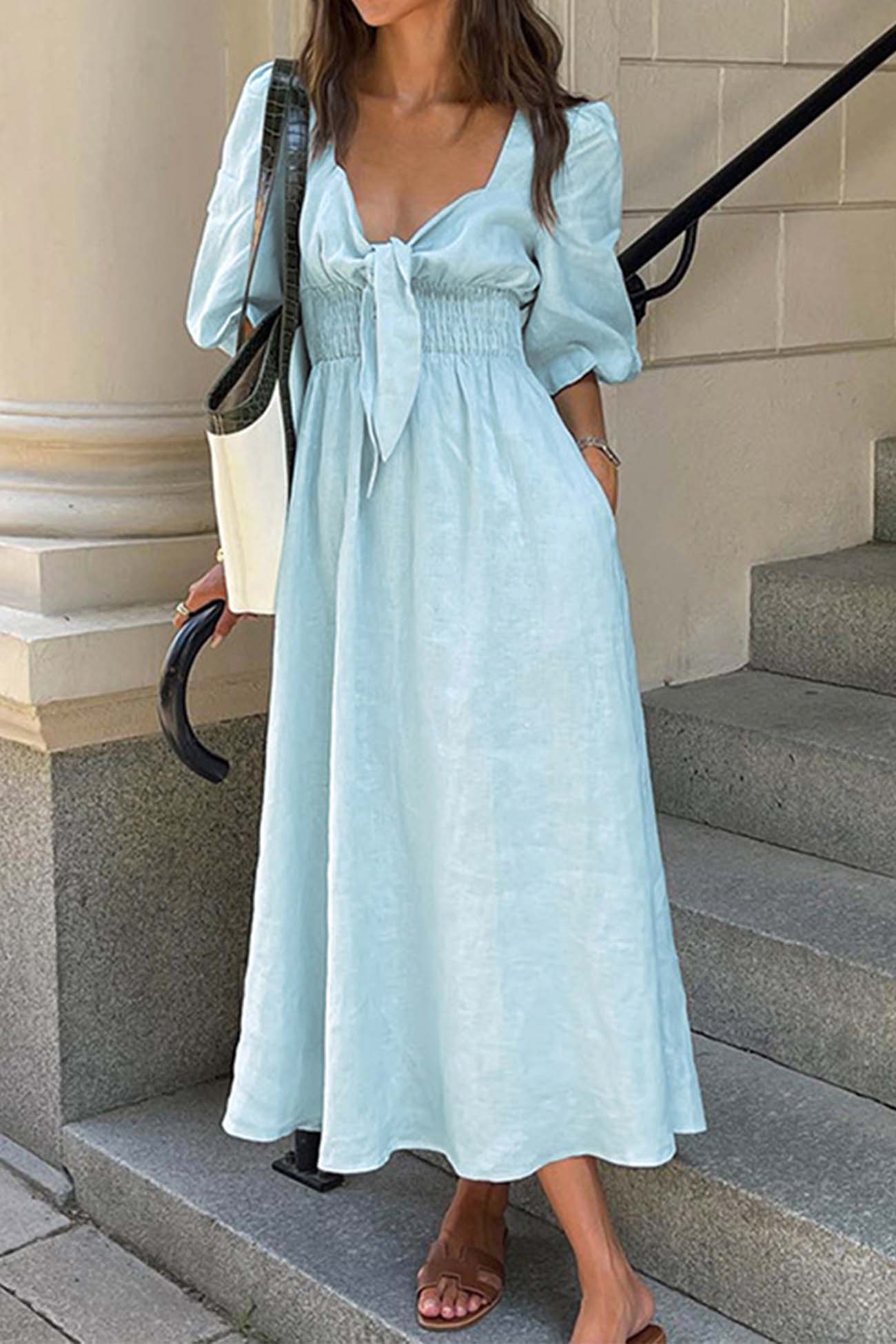 Solid Color Puff Sleeve Knot Midi Dress