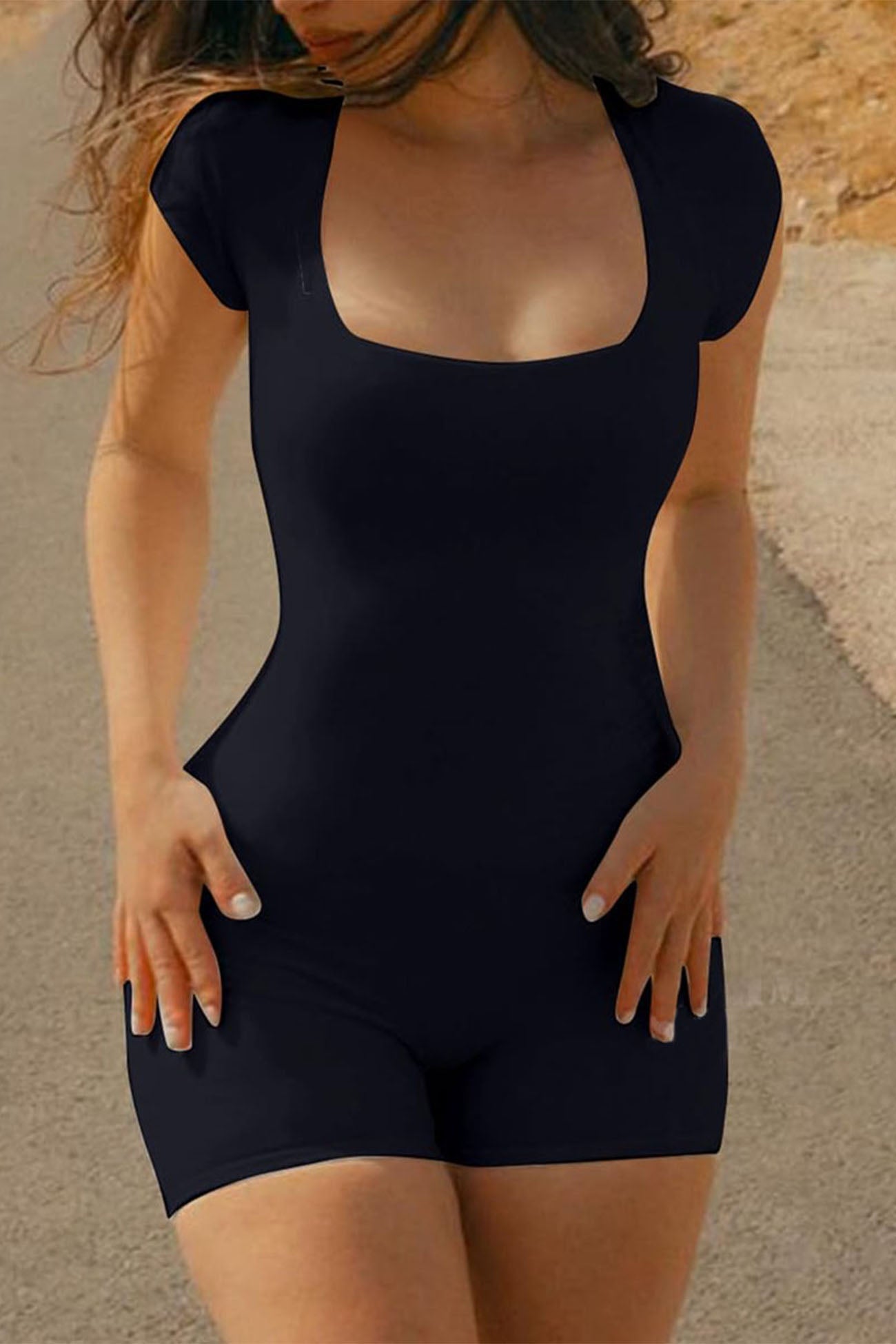 Solid Color Short Sleeve Open Back Bodycon Rompers - Fashionpara