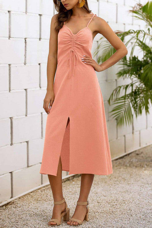 Solid Drawstring Slit Cami Dress - Mislish