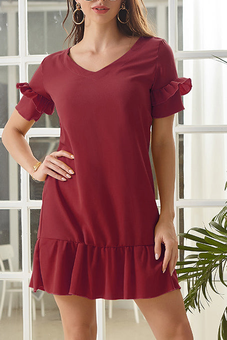 Solid Ruffled Trim Chiffon Dress - Mislish