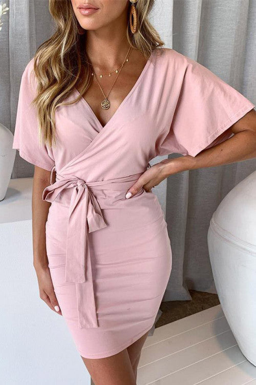 Solid V-neck Belted Wrap Dress - Mislish