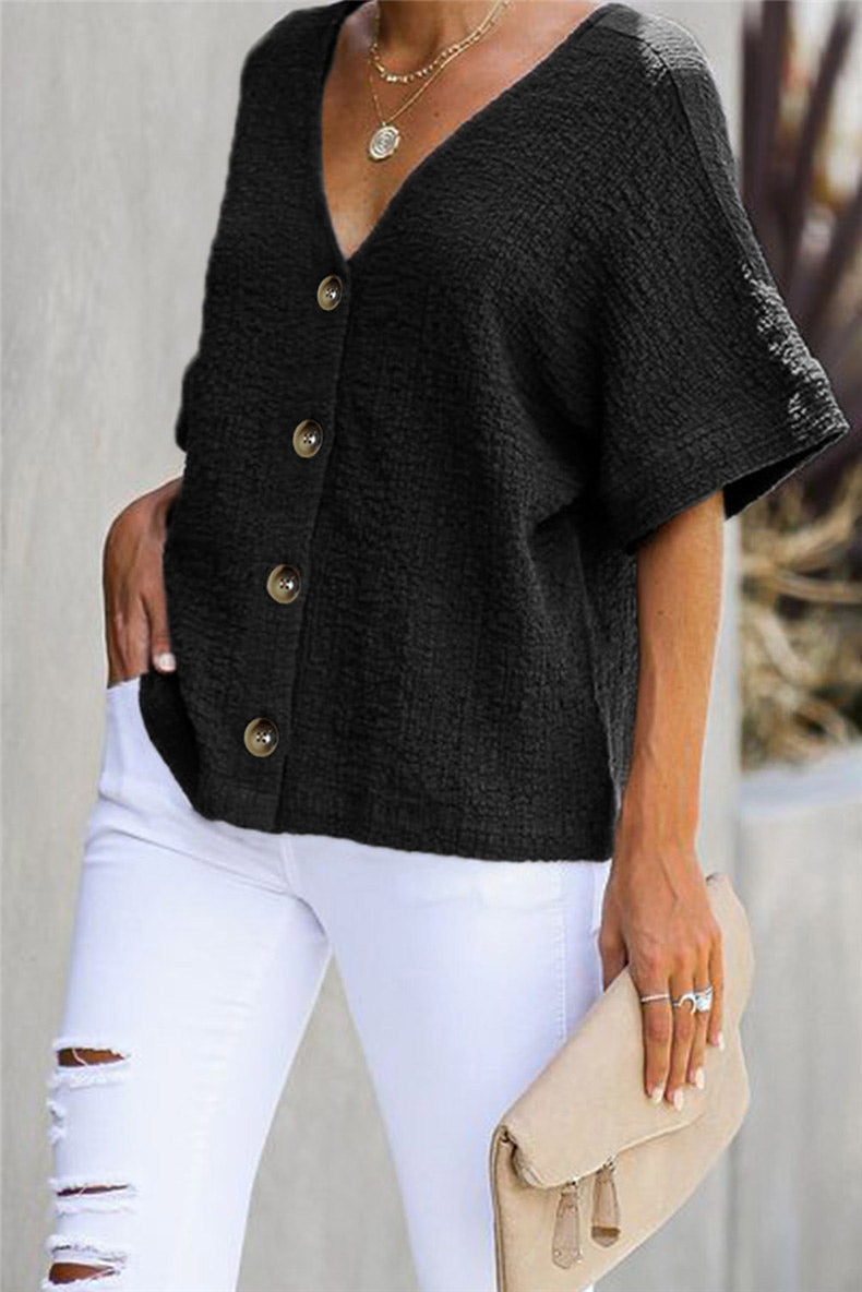 Solid V-neck Button-up Cotton Shirt - Fashionpara