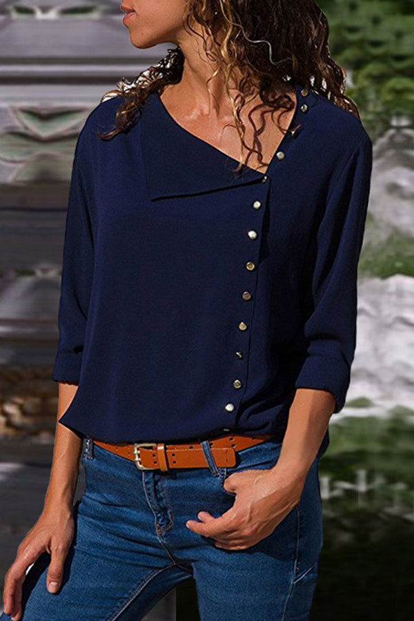 Solid Color Asymmetric Buttons Blouse - Mislish