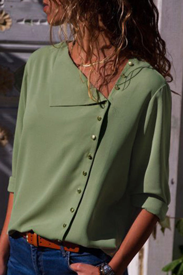 Solid Color Asymmetric Buttons Blouse - Mislish