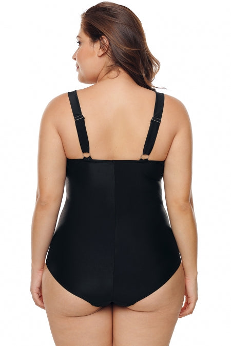 Solid Black Hollow-out Neck Plus Size One Piece Swimwear