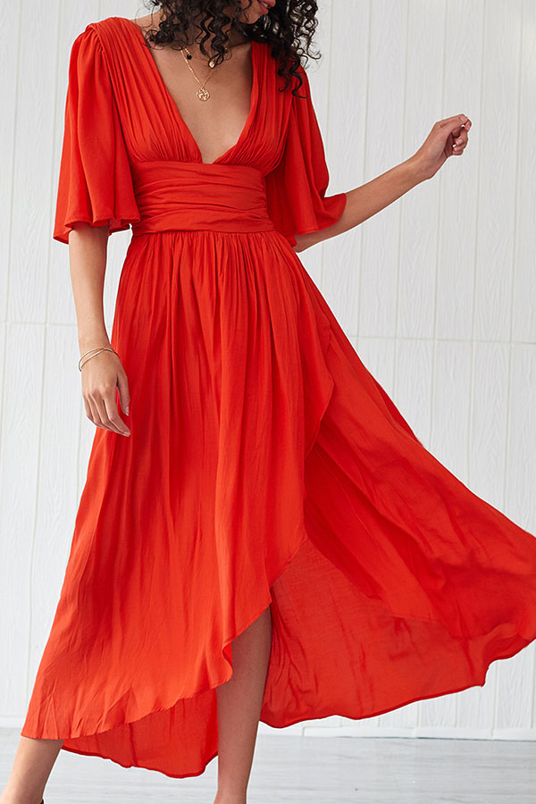V-Neck Flutter Sleeve Shirred High-Low Maxi Dress