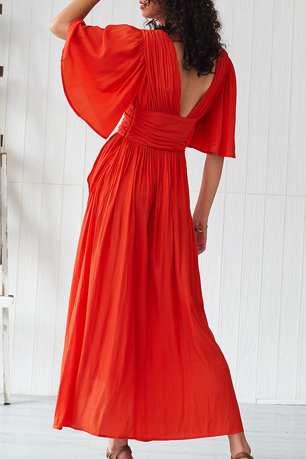 V-Neck Flutter Sleeve Shirred High-Low Maxi Dress