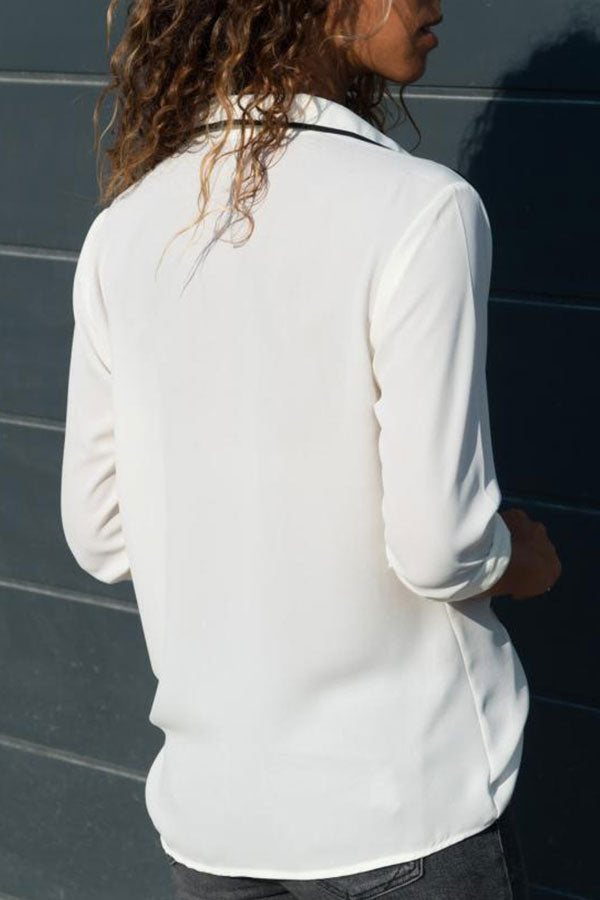 Solid V-Neck Patchwork Chiffon Shirt - Fashionpara