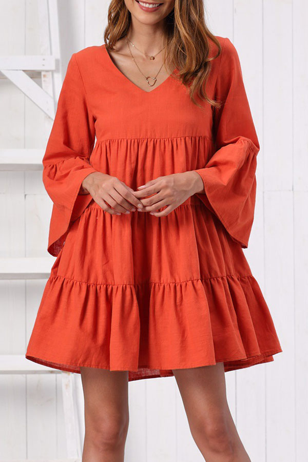 V-neck Ruffled Short Swing Dress - Mislish