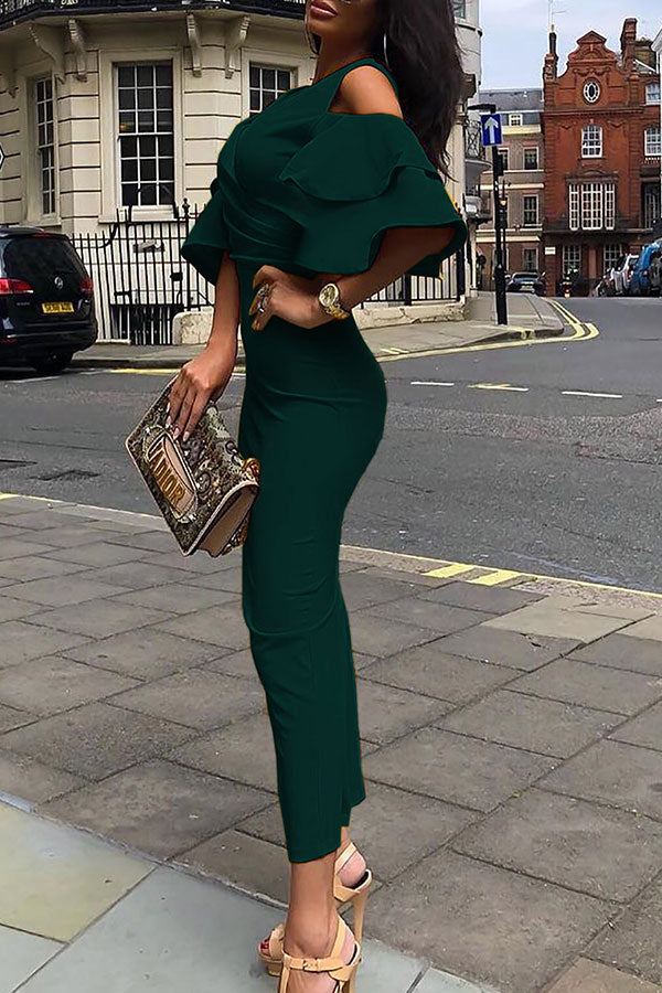 V-neck Ruffle Sleeve Bodycon Dress