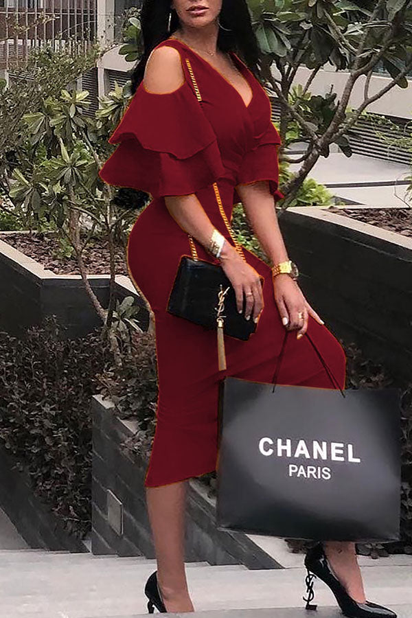 V-neck Ruffle Sleeve Bodycon Dress