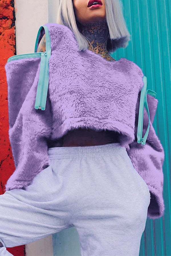 Solid Zipper Puffy Cropped Sweatshirt - Fashionpara