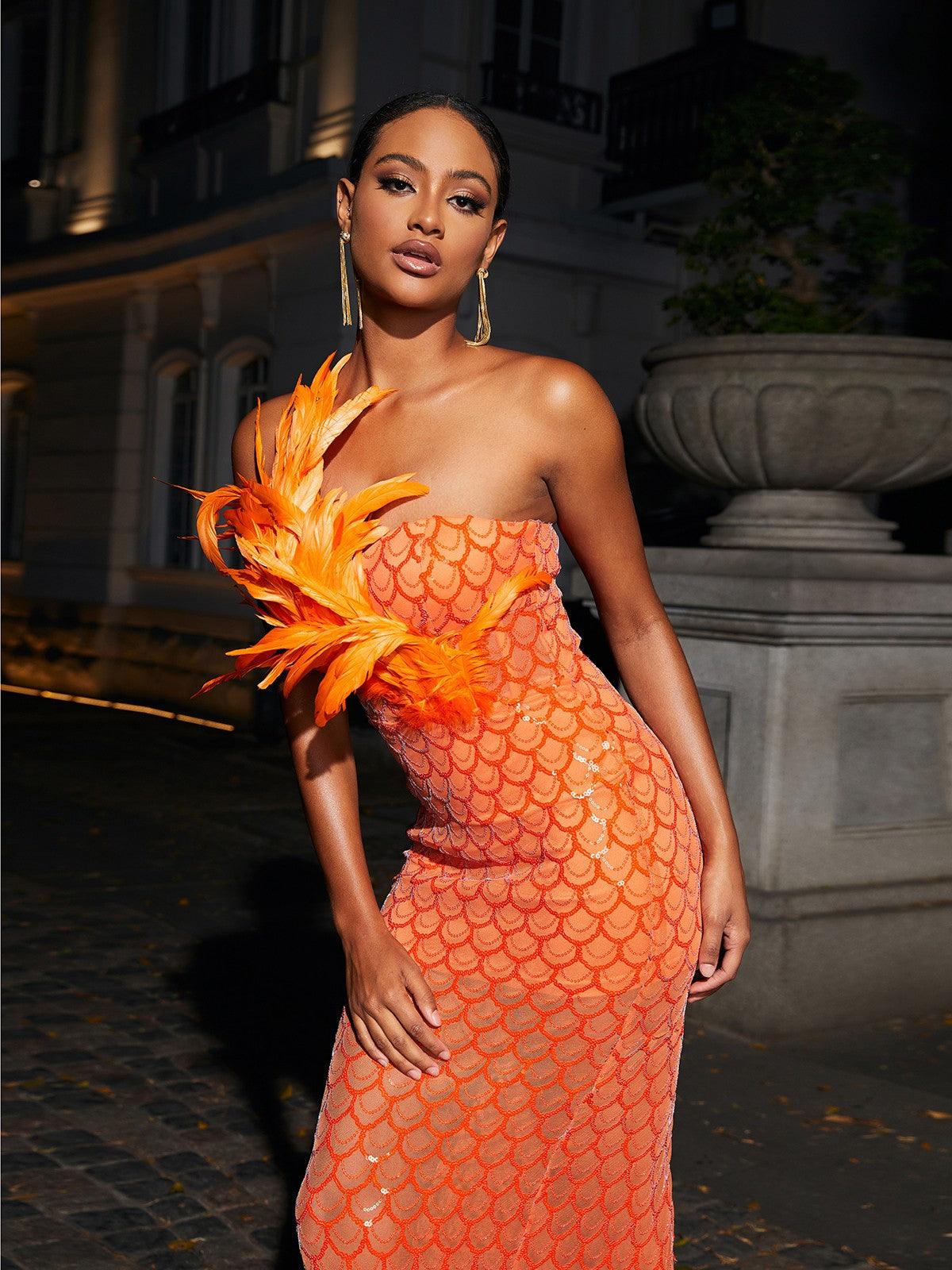 Sookie Strapless Feather Sequin Maxi Dress - View 3