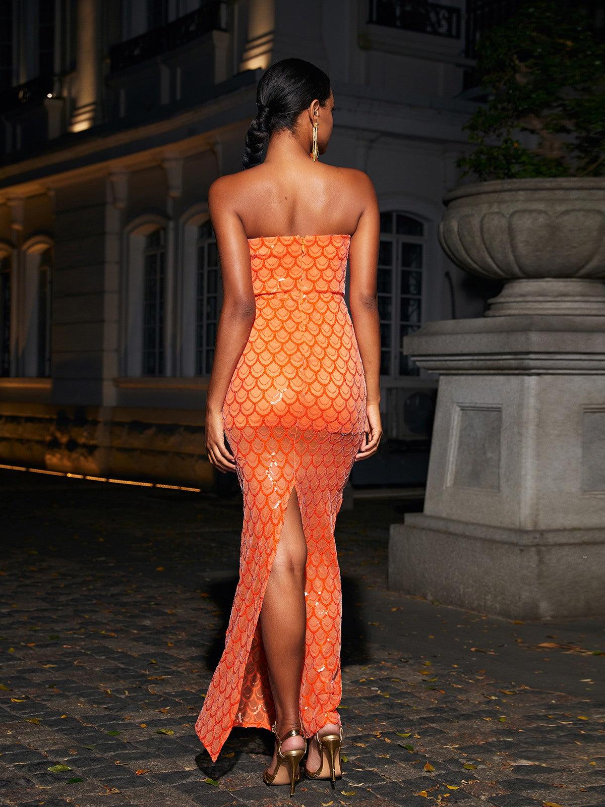 Sookie Strapless Feather Sequin Maxi Dress