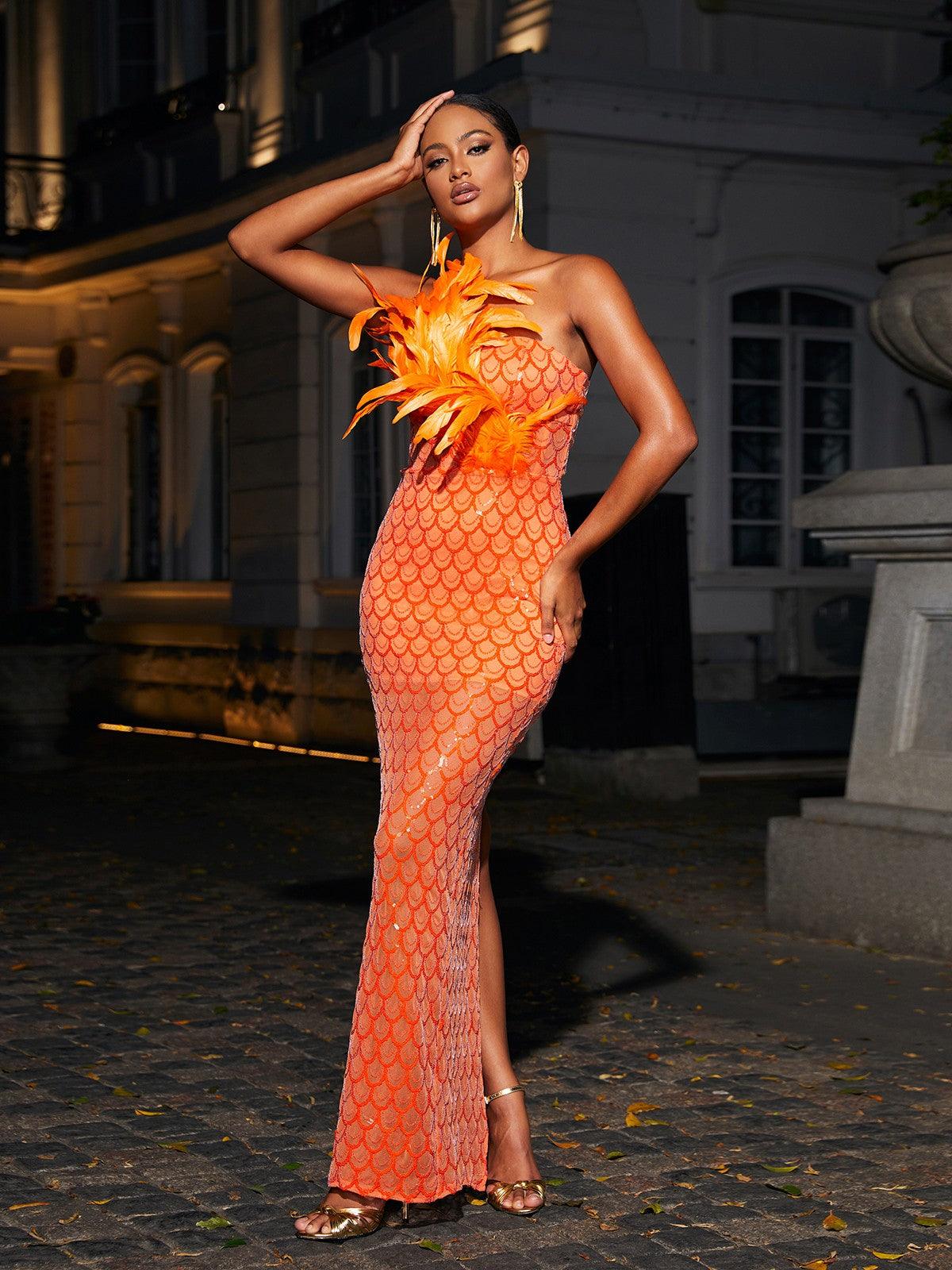 Sookie Strapless Feather Sequin Maxi Dress - View 4
