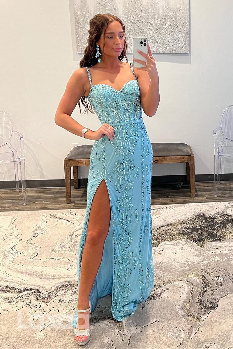 22295 - Spaghetti Straps Appliques High Slit Party Prom Formal Evening Dress - Fashionpara