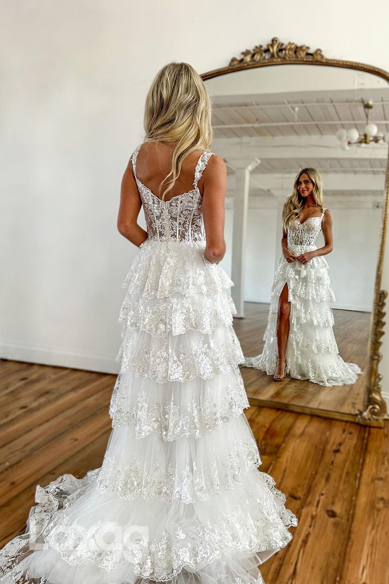 22298 - Spaghetti Straps Appliques Lace Party Prom Formal Evening Dress with Slit - Fashionpara