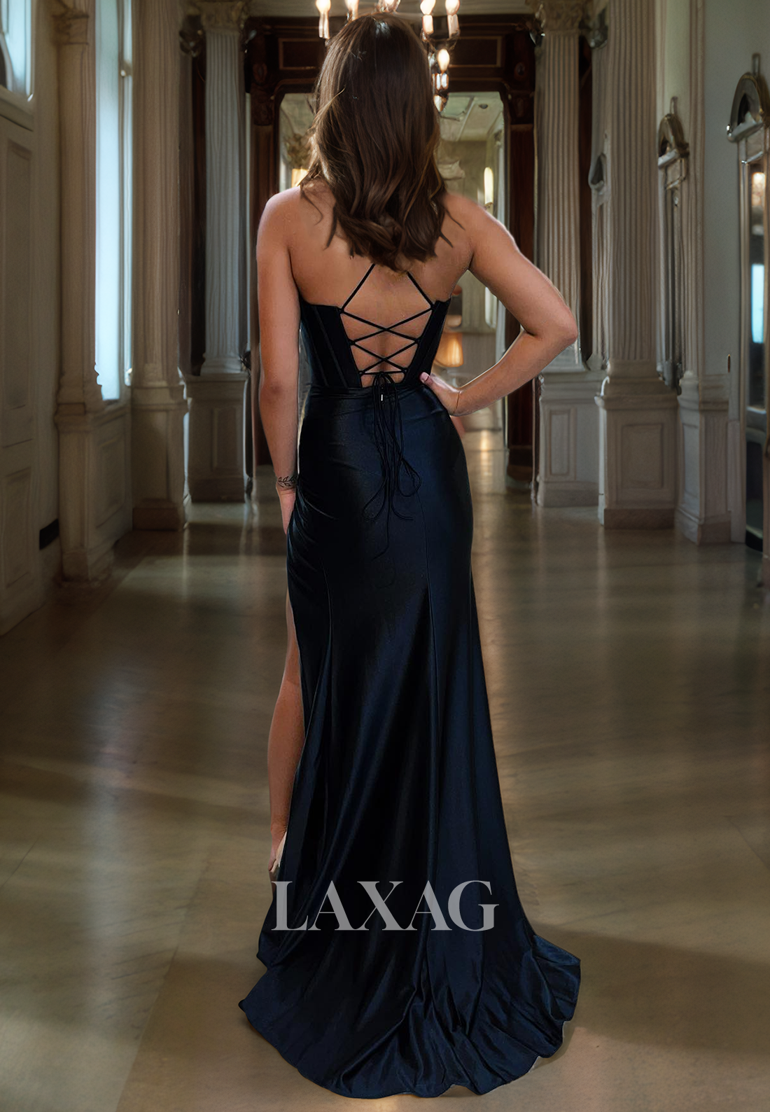 Spaghetti Straps Backless High Slit Satin Party Gowns Sweetheart Off-Shoulder Pleated Prom Dress