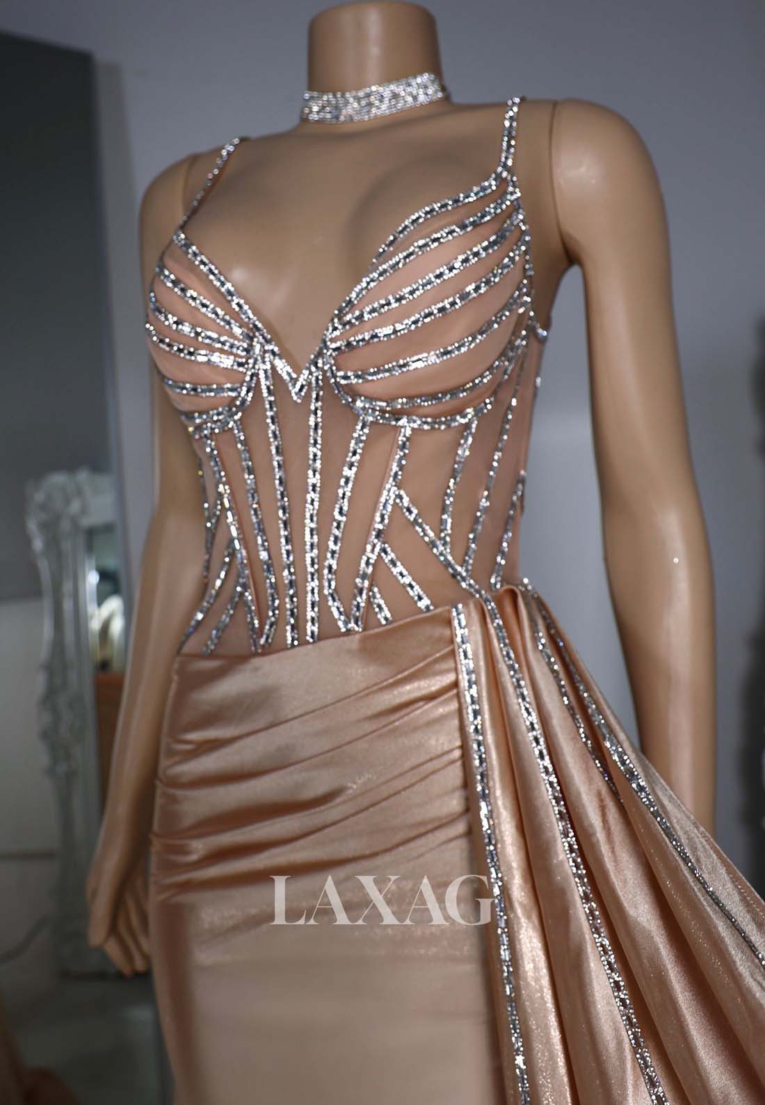 Spaghetti Straps Beaded Mermaid Prom Dress Off-Shoulder Sleeveless Pleated Formal Gowns with Train