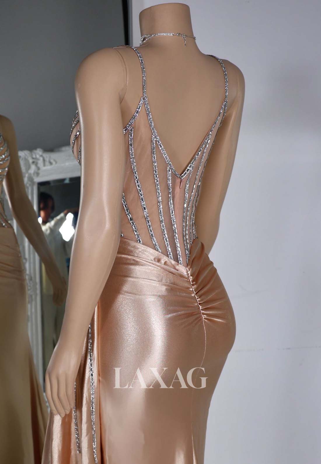 Spaghetti Straps Beaded Mermaid Prom Dress Off-Shoulder Sleeveless Pleated Formal Gowns with Train