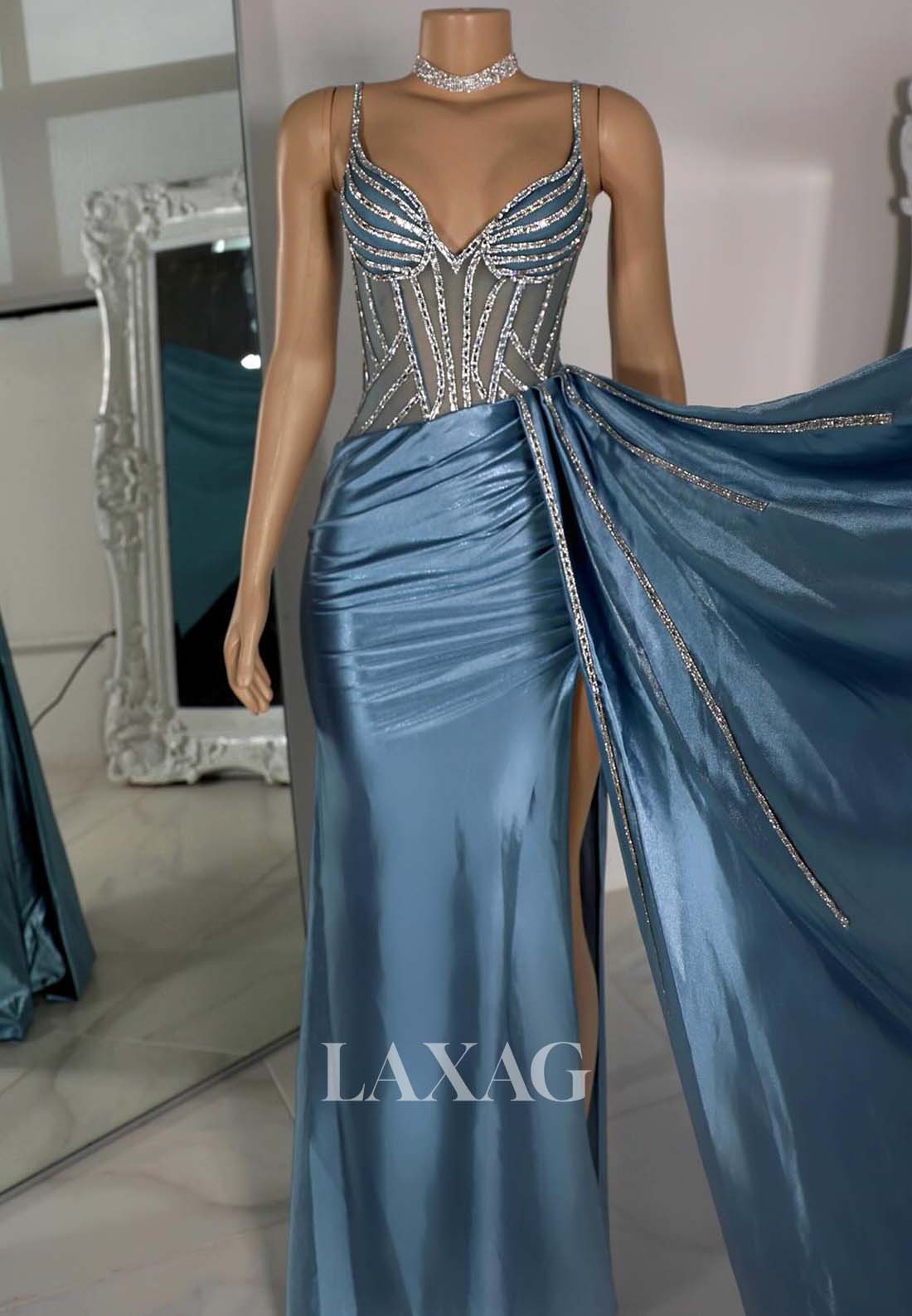 Spaghetti Straps Beaded Mermaid Prom Dress Off-Shoulder Sleeveless Pleated Formal Gowns with Train