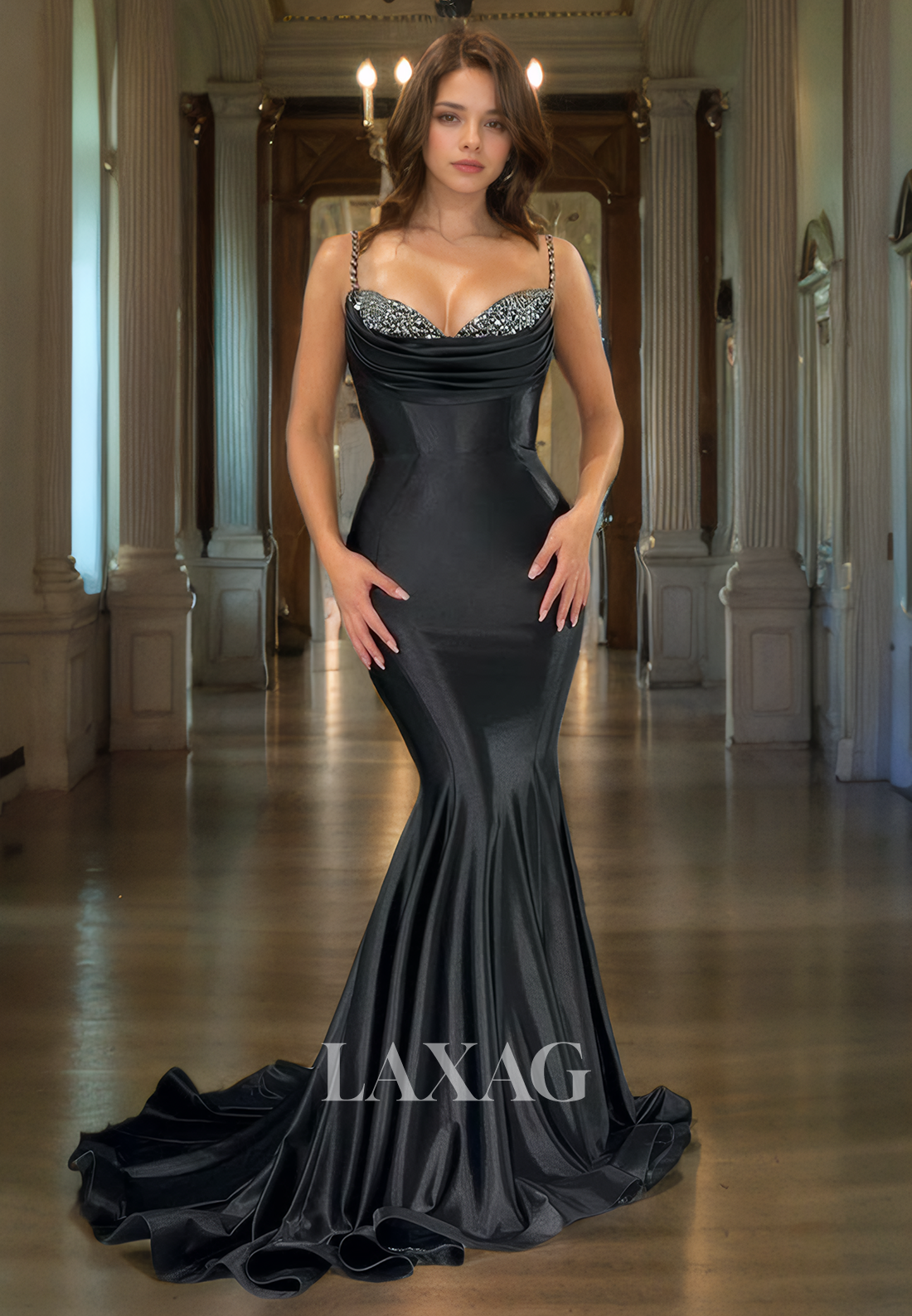 Black Spaghetti Straps Beaded Prom Evening Dress With Sweep Train - Fashionpara
