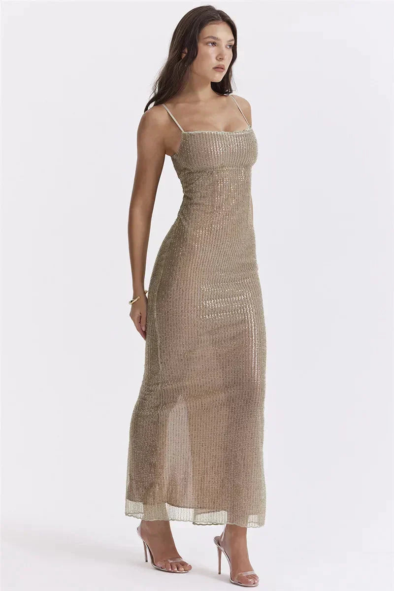 Rhinestone Mesh Spaghetti Strap Vertical Beaded Bodycon Maxi Gown - View 3