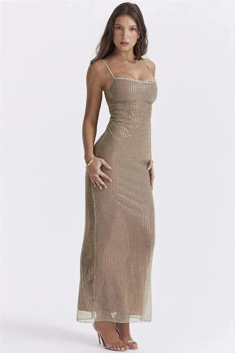 Rhinestone Mesh Spaghetti Strap Vertical Beaded Bodycon Maxi Gown