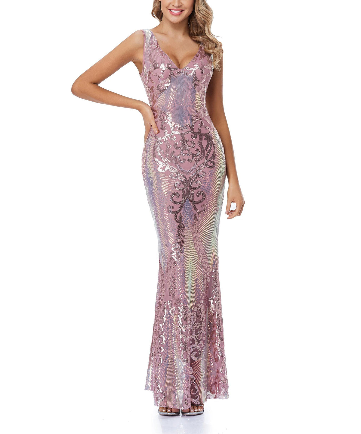 Sequin V-Neck Sleeveless Mermaid Maxi Gown in Green - View 4