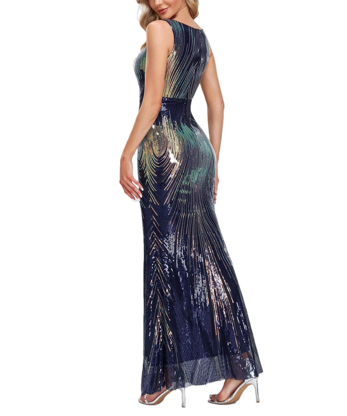 Patterned Sequin Boat Neck Sleeveless Mermaid Gown