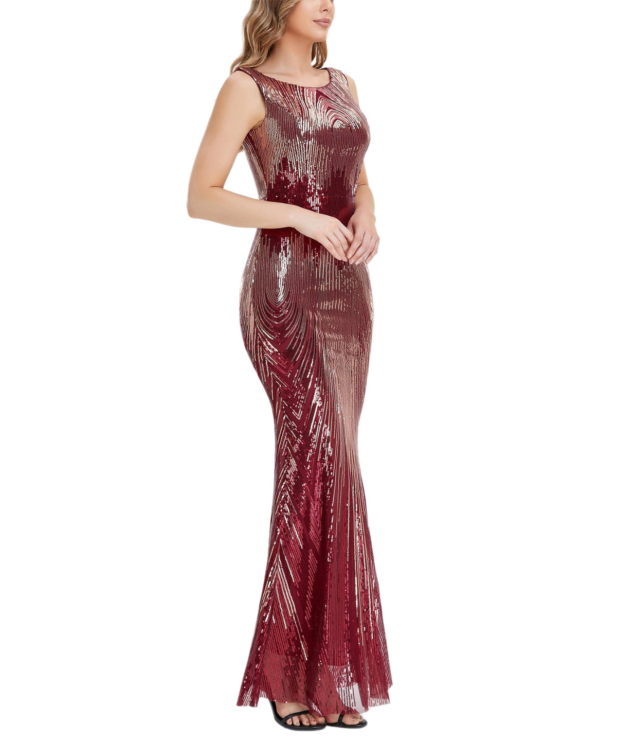 Patterned Sequin Boat Neck Sleeveless Mermaid Gown
