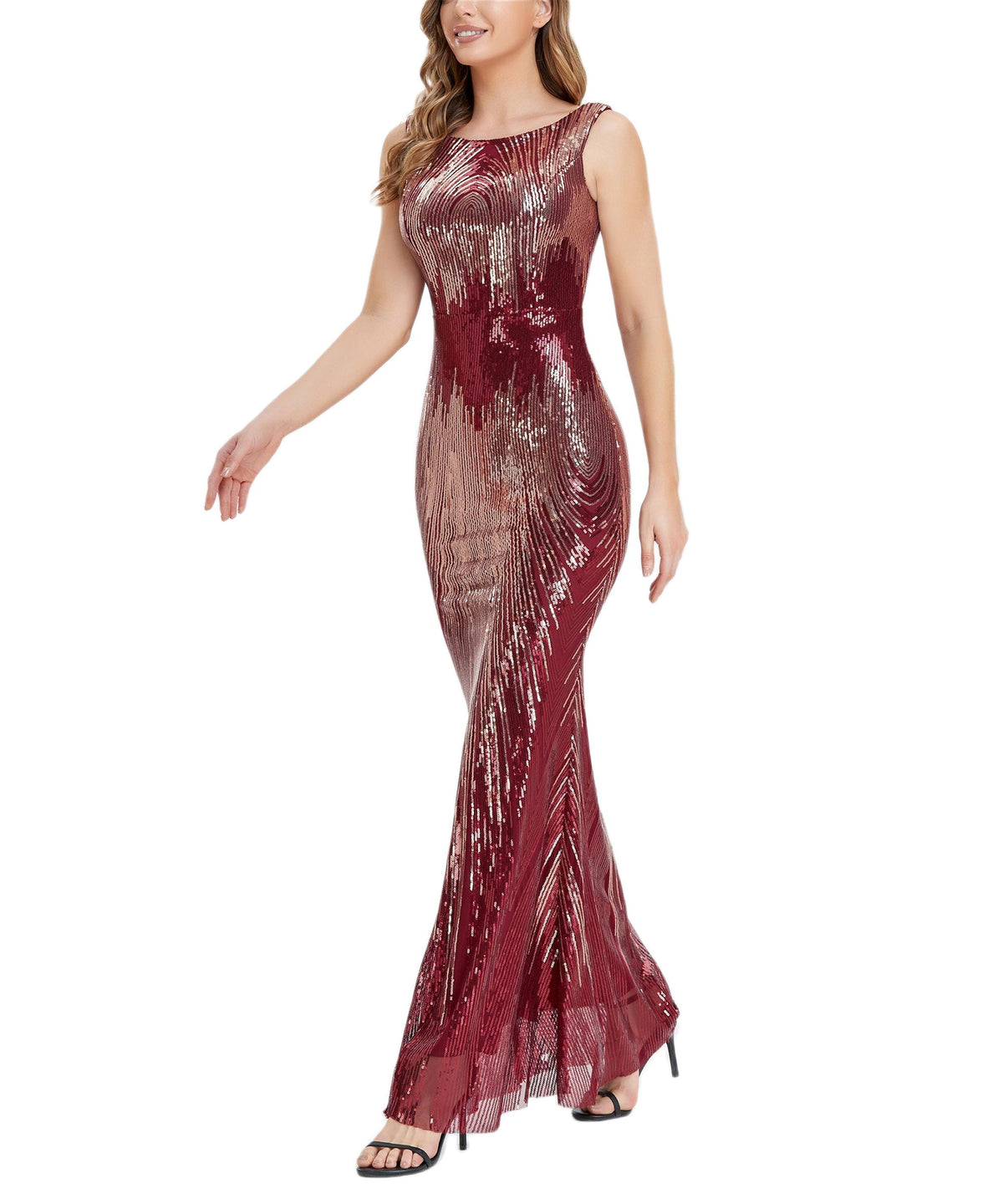 Patterned Sequin Boat Neck Sleeveless Mermaid Gown