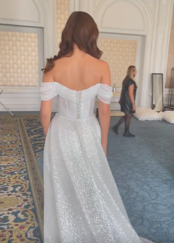 Sparkly Off-the-Shoulder Sequins Mermaid Bridal Dress with Detachable Sweep Train