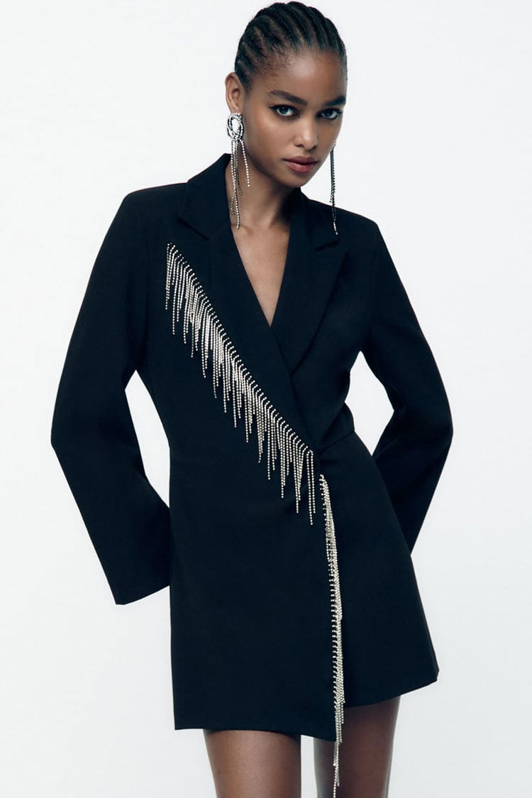 Sparkly Fringe Trim Lapel Collar Long Sleeve Mini Dress - Black