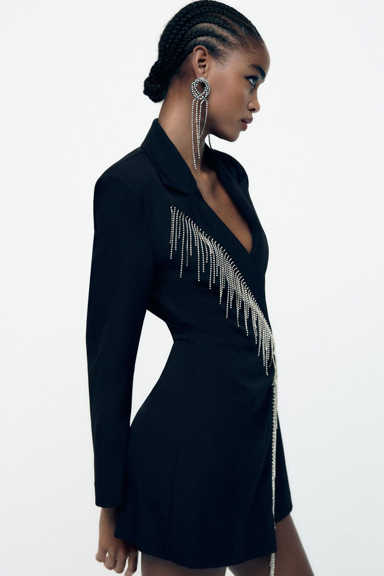 Sparkly Fringe Trim Lapel Collar Long Sleeve Blazer Romper Mini Dress - Black  Fashionpara