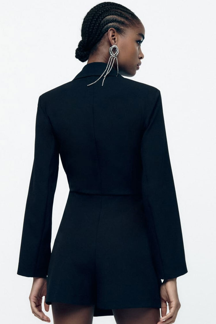 Sparkly Fringe Trim Lapel Collar Long Sleeve Mini Dress - Black - View 3